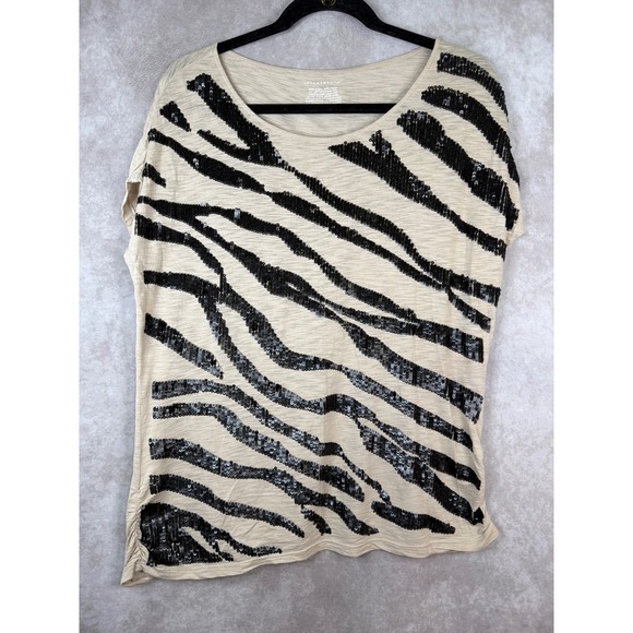 Investments Tops - Investments Sequin Zebra Top Womens Large Beige Black Animal Print Short Sleeve